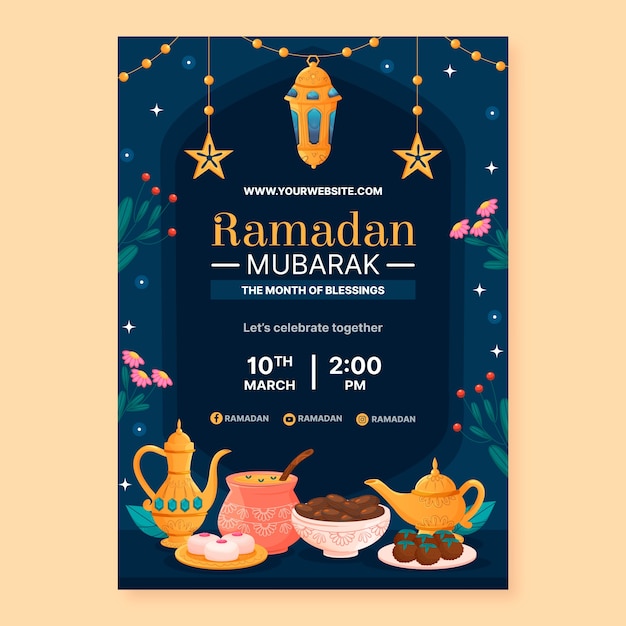 Vettore gratuito modello di volantino verticale piatto per la celebrazione islamica del ramadan.