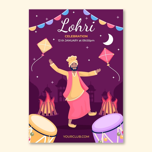 Vettore gratuito modello di volantino verticale piatto per la celebrazione del festival lohri