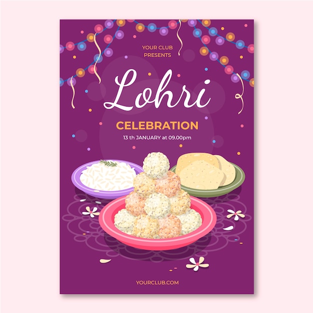 Vettore gratuito modello di volantino verticale piatto per la celebrazione del festival lohri