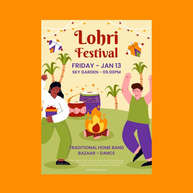 Lohri 축제 축하를위한 평면 수직 전단지 템플릿