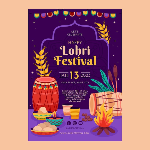 Free vector flat vertical flyer template for lohri festival celebration