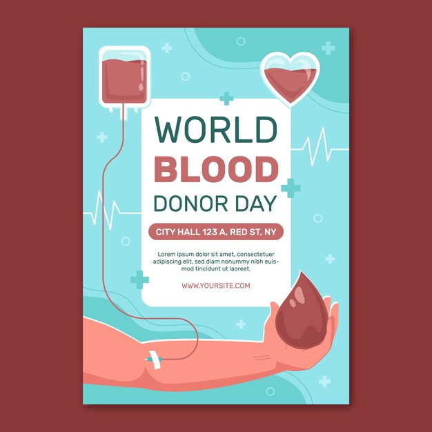世界献血者デーの意識のための平らな垂直チラシ テンプレート