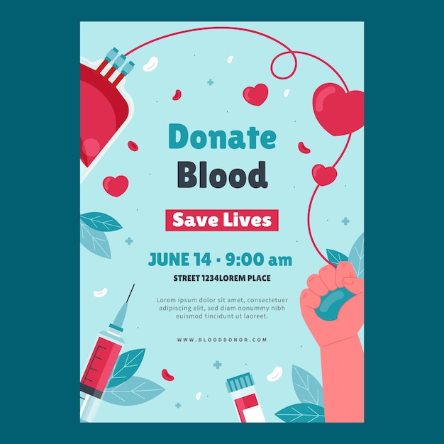Vettore gratuito modello di volantino verticale piatto per la giornata mondiale del donatore di sangue
