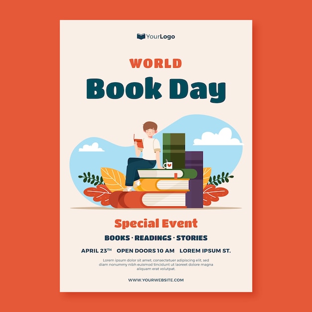 Плоский вертикальный шаблон флаера для празднования всемирного дня книги