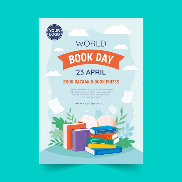 Плоский вертикальный шаблон флаера для празднования всемирного дня книги
