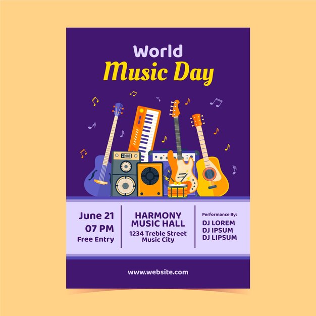 flat vertical flyer template for world music day celebration