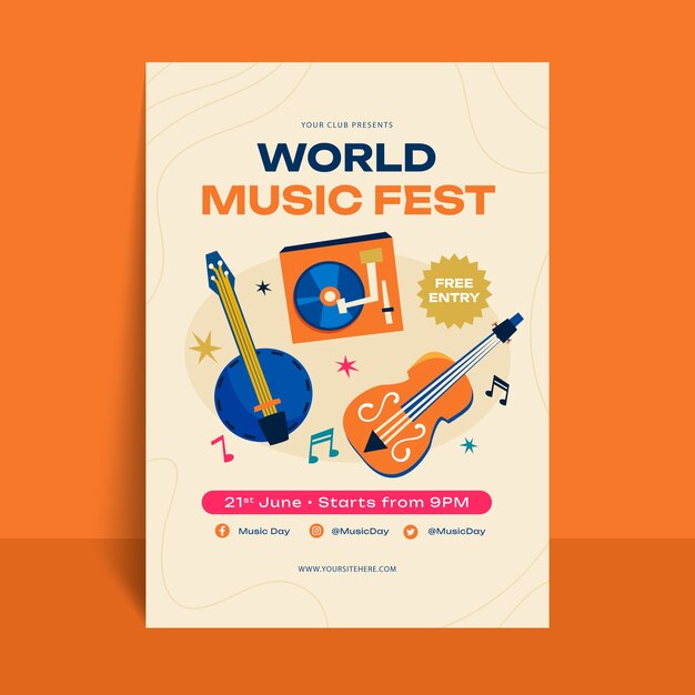 Flat vertical flyer template for world music day celebration