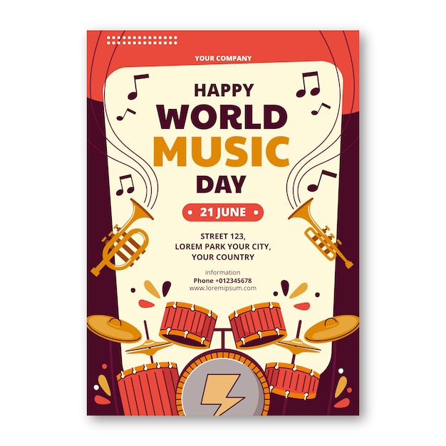 Flat vertical flyer template for world music day celebration