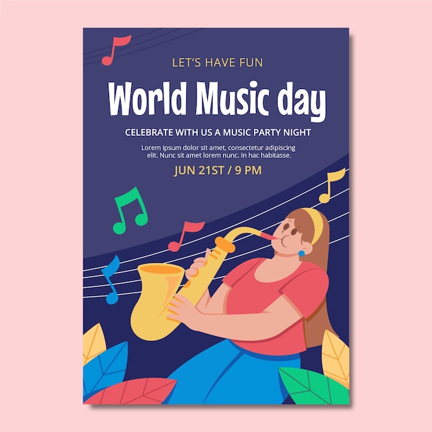 Flat vertical flyer template for world music day celebration