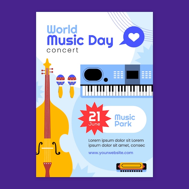 Vettore gratuito modello di volantino verticale piatto per la celebrazione della giornata mondiale della musica