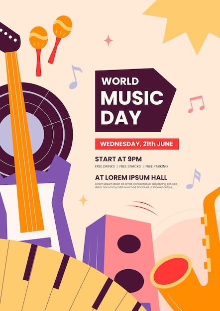 Free vector flat vertical flyer template for world music day celebration