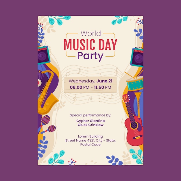 Flat vertical flyer template for world music day celebration