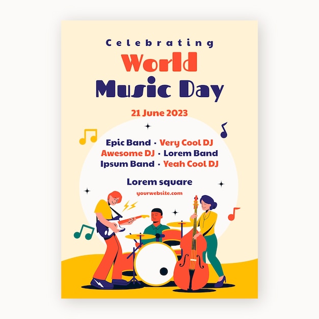 Flat vertical flyer template for world music day celebration