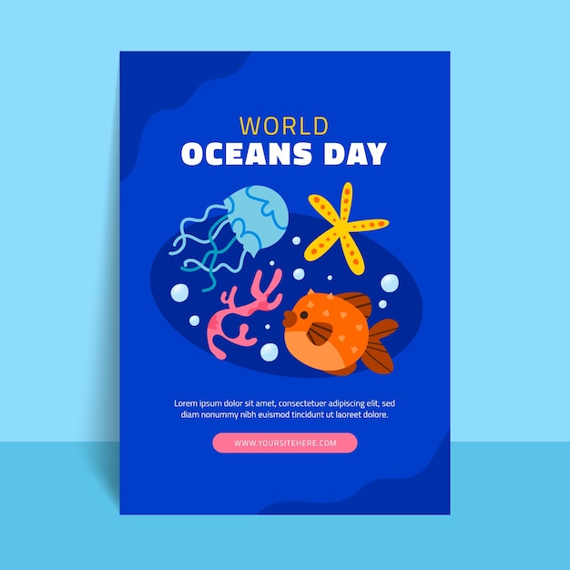 Плоский вертикальный шаблон флаера для празднования всемирного дня океанов
