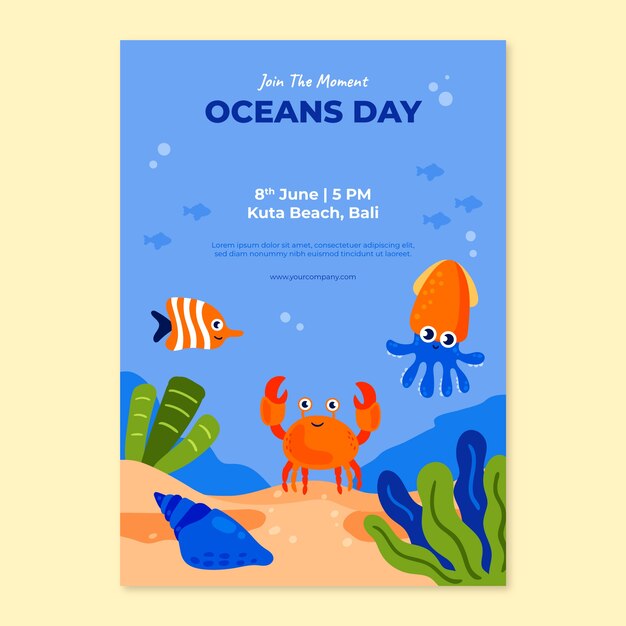 Flat vertical flyer template for world oceans day celebration