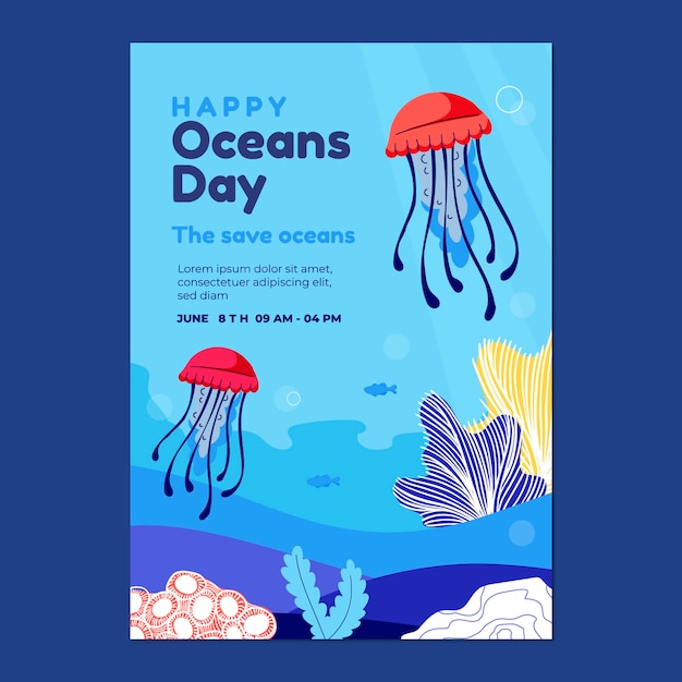 Flat vertical flyer template for world oceans day with aquatic creatures