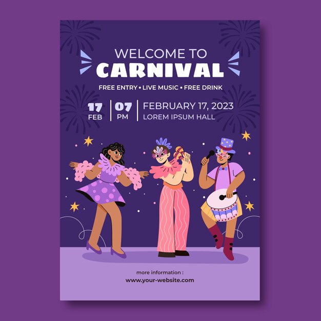 Шаблон плаката плоской вертикальной вечеринки для празднования карнавала