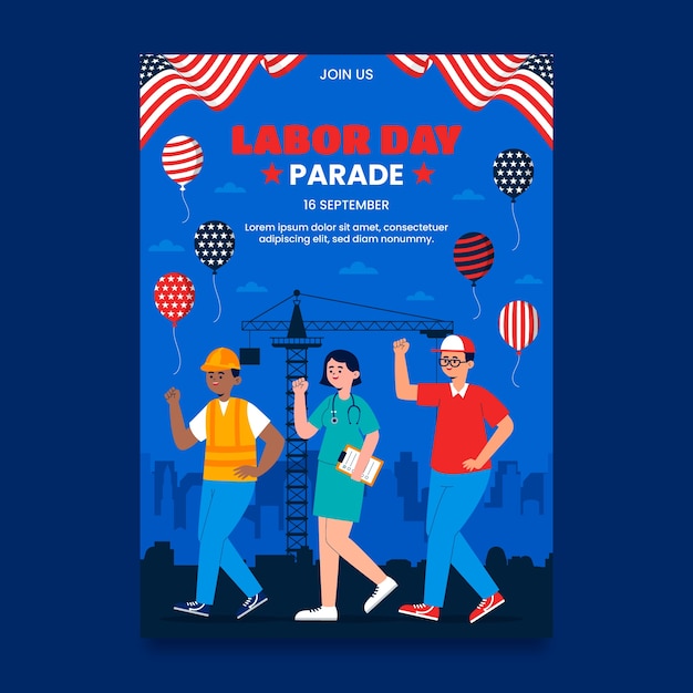 Vettore gratuito modello di poster verticale piatto per la celebrazione della giornata del lavoro americana