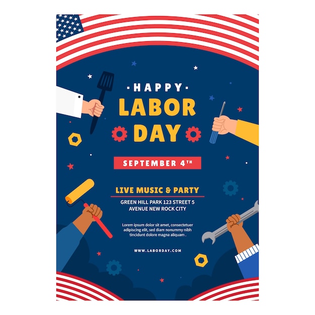 Modello di poster verticale piatto per la celebrazione della giornata del lavoro americana