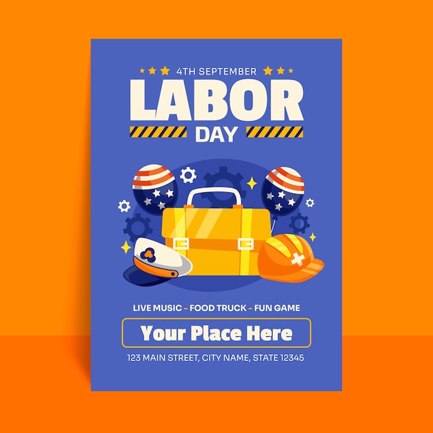 Vettore gratuito modello di poster verticale piatto per la celebrazione della festa del lavoro americana