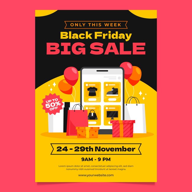 Vettore gratuito modello di poster verticale piatto per la vendita del black friday