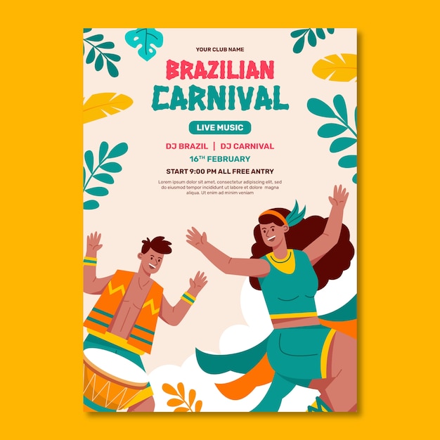 Vettore gratuito modello di poster verticale piatto per la celebrazione del carnevale brasiliano