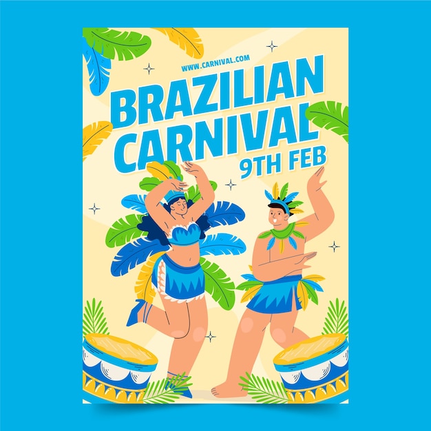 Vettore gratuito modello di poster verticale piatto per la celebrazione del carnevale brasiliano