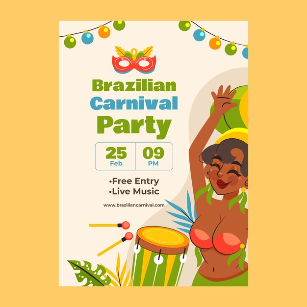 Плоский вертикальный шаблон плаката для празднования бразильского карнавала