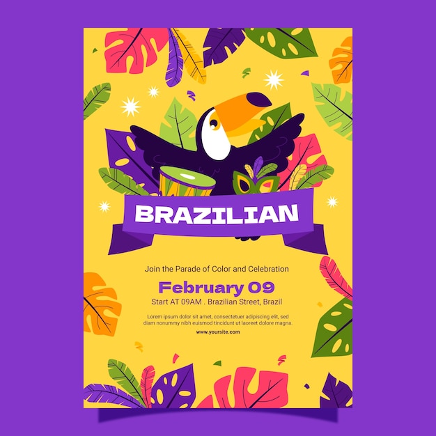 Плоский вертикальный шаблон плаката для празднования бразильского карнавала