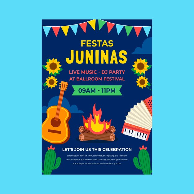 flat vertical poster template for brazilian festas juninas celebration