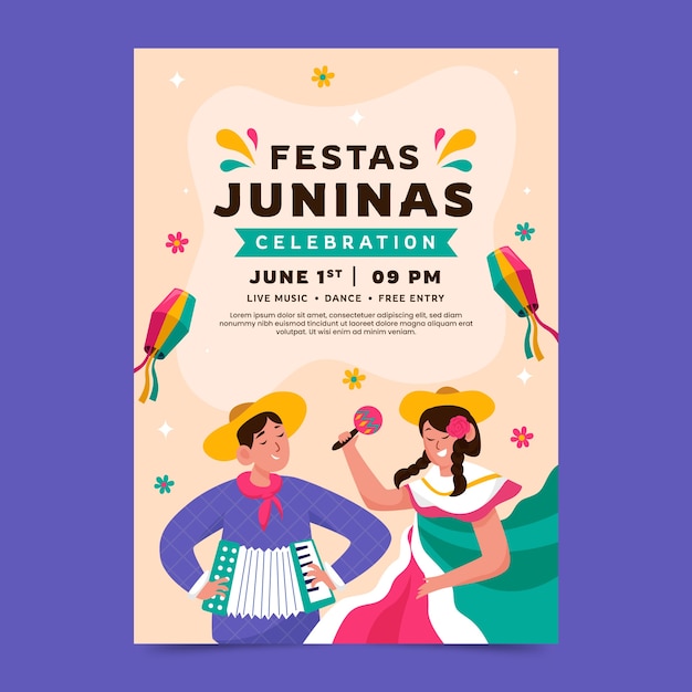 브라질 festas juninas 축하를위한 평면 수직 포스터 템플릿