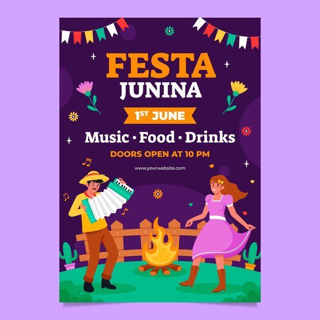 Flat vertical poster template for brazilian festas juninas celebration