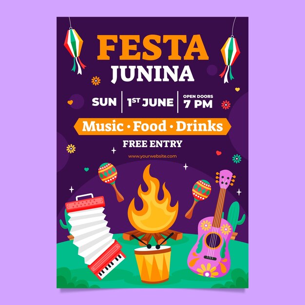 Flat vertical poster template for brazilian festas juninas celebration