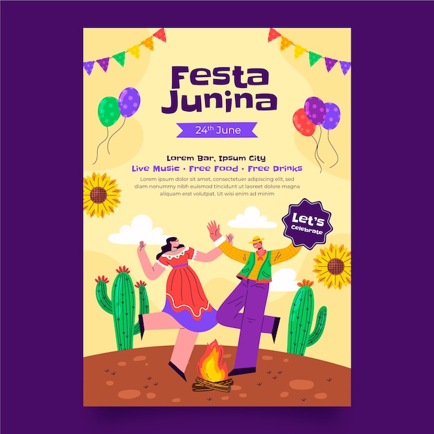 Flat vertical poster template for brazilian festas juninas celebration