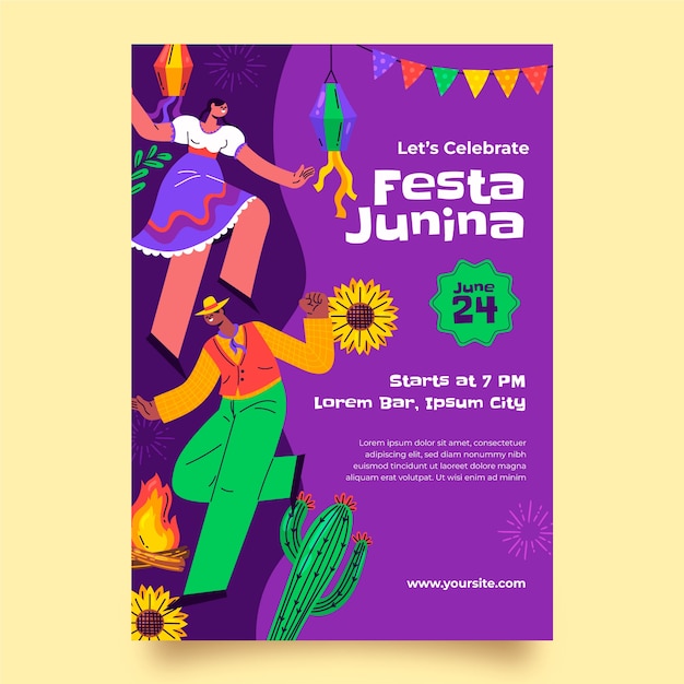 Vettore gratuito modello di poster verticale piatto per la celebrazione brasiliana di festas juninas