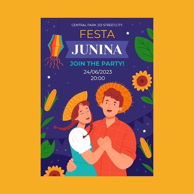 Flat vertical poster template for brazilian festas juninas celebration