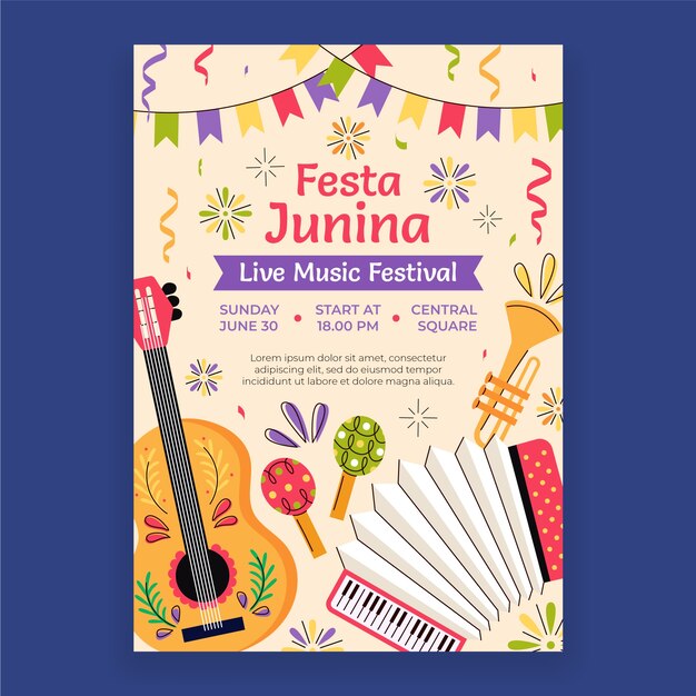 브라질 festas juninas 행사를위한 평면 수직 포스터 템플릿