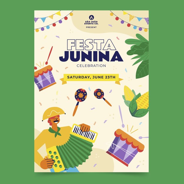 브라질 festas juninas 행사를위한 평면 수직 포스터 템플릿