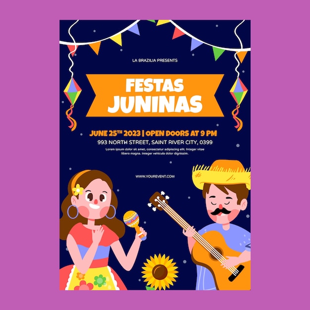 Vettore gratuito modello di poster verticale piatto per le celebrazioni brasiliane di festas juninas