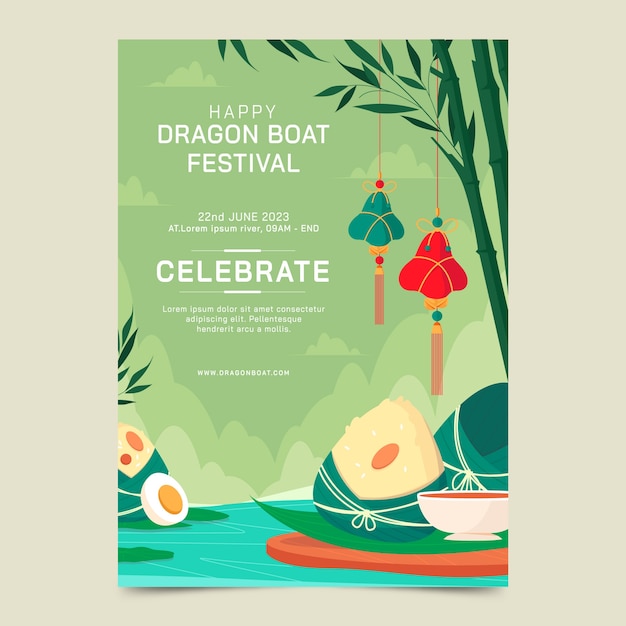 Плоский вертикальный шаблон плаката для празднования фестиваля лодок-драконов в Китае
