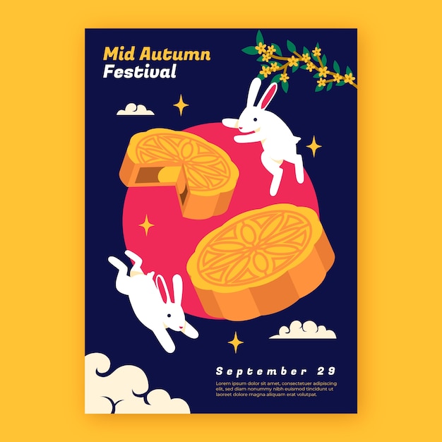 Vettore gratuito modello di poster verticale piatto per la celebrazione del festival di metà autunno cinese