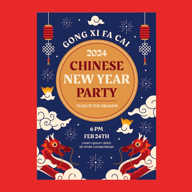 Плоский вертикальный плакат для празднования китайского Нового года