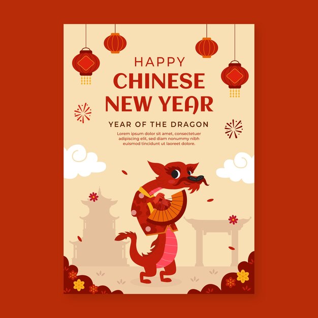 Flat vertical poster template for chinese new year festival