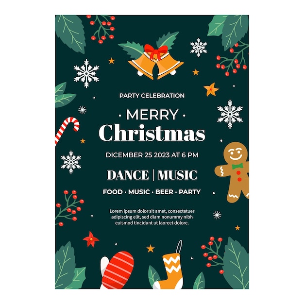 Flat vertical poster template for christmas season celebration with bells and gingerbread man