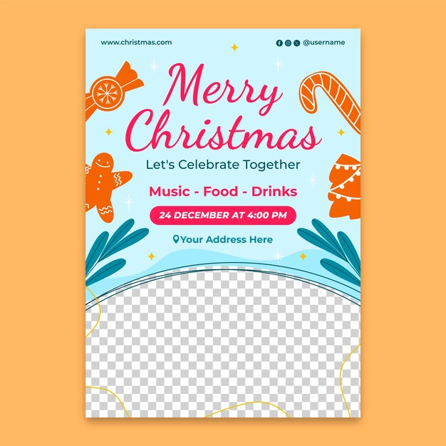 Flat vertical poster template for christmas season celebration with gingerbread