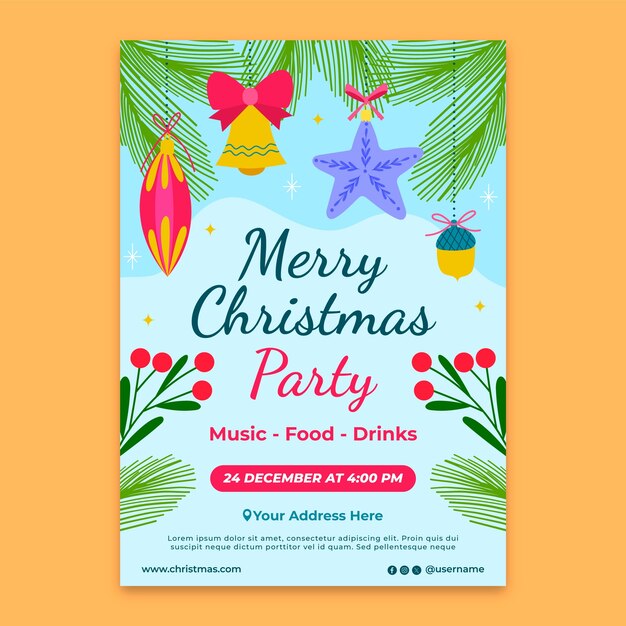 Flat vertical poster template for christmas season celebration with ornaments and fir tree