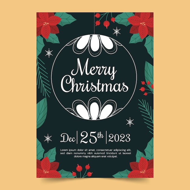 Free vector flat vertical poster template for christmas season celebration with poinsettia