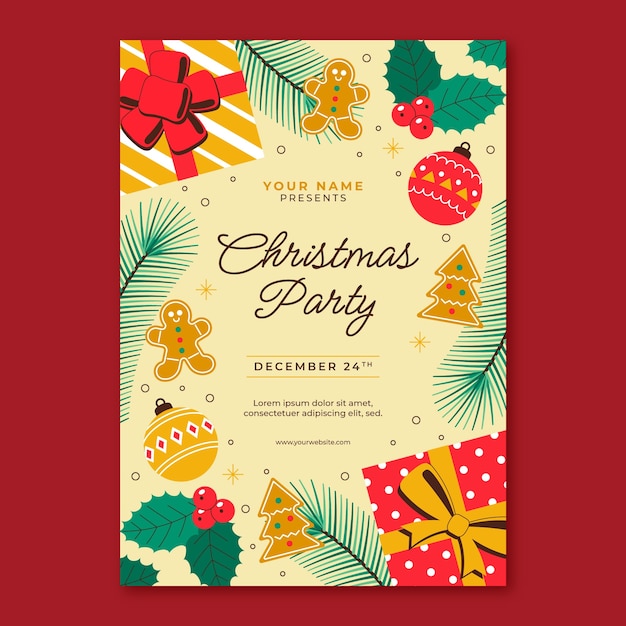 Free vector flat vertical poster template for christmas season celebration with presents and ornaments