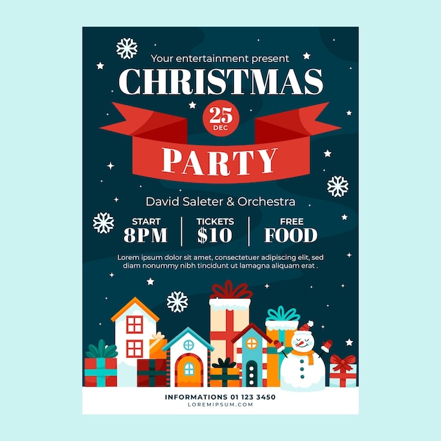 Free vector flat vertical poster template for christmas season celebration with town and snowman