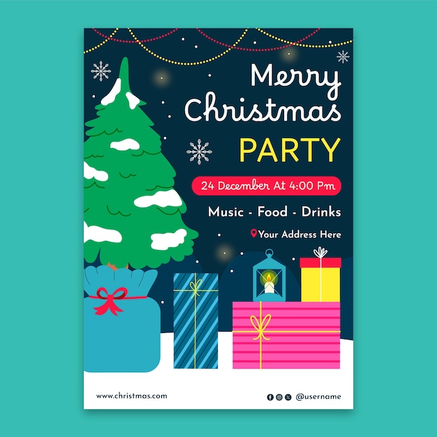 Free vector flat vertical poster template for christmas season celebration with tree and presents